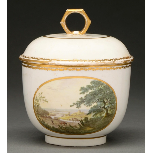 614 - A Derby sucrier and cover, c 1790, painted by Zachariah Boreman with a picturesque landscape, in a g... 