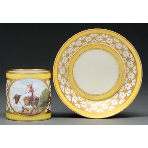 615 - A Derby yellow ground cabinet coffee can and stand, c 1800, painted by John Brewer with a Country Gi... 