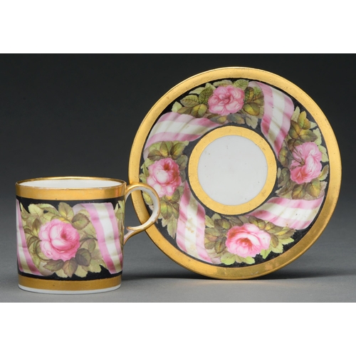 616 - A Derby coffee can and saucer, c 1805, painted with pink roses and ribbon on a black ground, gilt bo... 