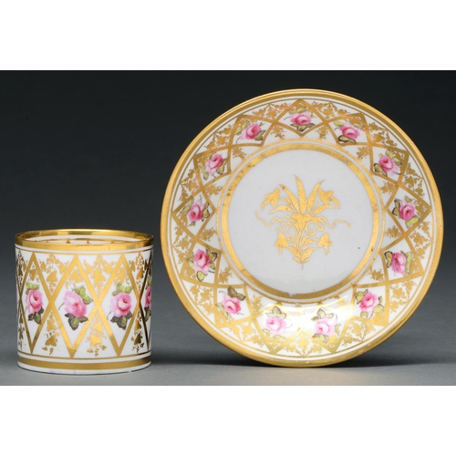 618 - A Derby coffee can and saucer, c 1800, possibly painted by John Brewer with pink rose sprigs on a gi... 