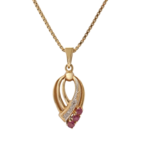 62 - A ruby and diamond pendant, in gold marked 750, 18mm h, on gold necklet marked 750, 6g... 