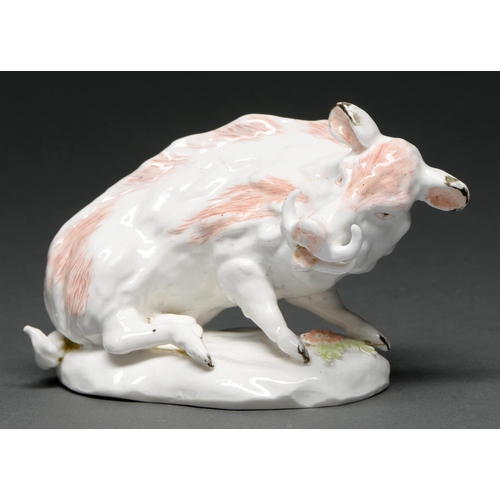 623 - An early Derby model of a boar, c 1755-58, sparsely painted in polychrome enamel, 9cm h... 