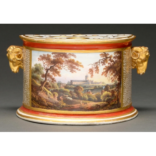 626 - A Derby bought pot, c 1800, of semi-circular shape with gilt rams' head handles, painted with an ext... 