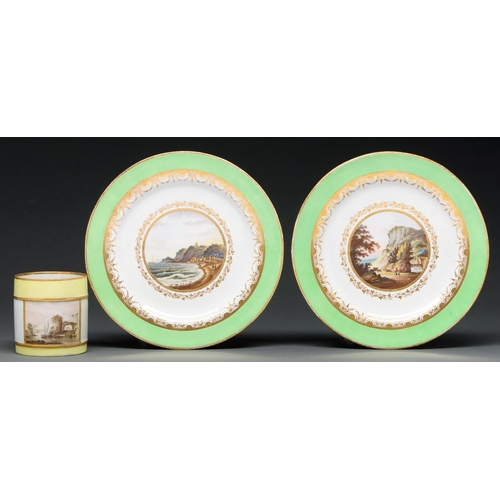 629 - A pair of Derby plates, c 1800, painted by George Robertson with a seacape and a landscape within gi... 