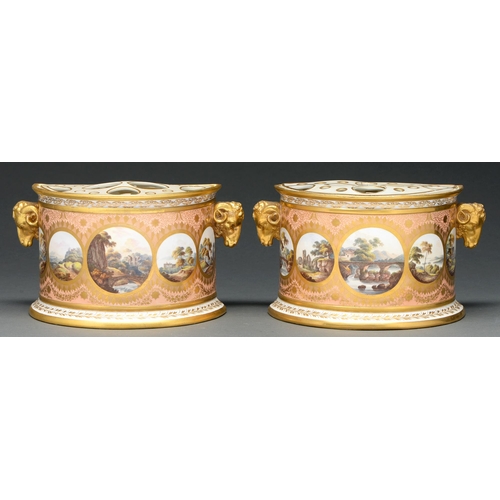 630 - A pair of Derby bough pots, c 1800, of semi-circular form with gilt rams' head handles, painted with... 