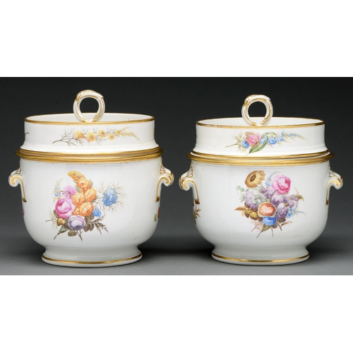 631 - A pair of Derby ice pails and covers, c 1790, with gilt shell handles, painted by William Billingsle... 