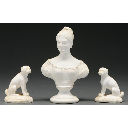 632 - A biscuit porcelain bust modelled by George Cocker of Princess Victoria, c 1830, on affixed socle, 1... 