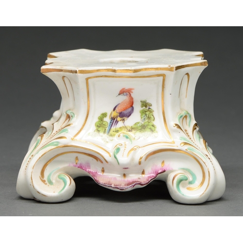 634 - A Derby pedestal, c 1765, of rococo design, the sides painted with exotic birds, on turquoise a... 