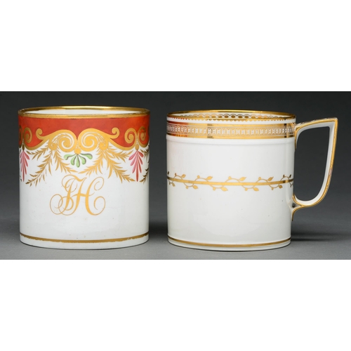 635 - A Derby porter mug, c 1820, lettered in gilt to the front with the initials SH beneath orange red bo... 