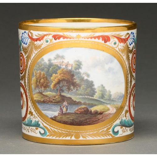 637 - A Derby porter mug, c 1810, painted to the front with a river scene with angler and woman, woodland ... 