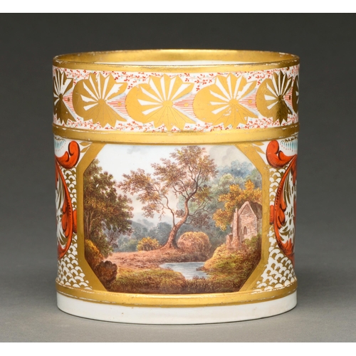 638 - A Derby Porter mug, c 1810, painted to the front with a wooded landscape in octagonal gilt panel, th... 