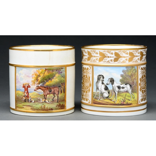 639 - A Derby porter mug, c 1800, painted to the front with two black and white hounds in a landscape flan... 