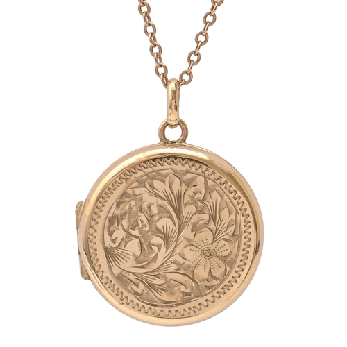 64 - A 9ct gold locket, 20mm diam, Chester 1958, on gold necklet, 4.5g