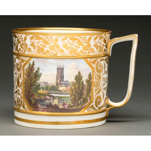 641 - A Bloor Derby porter mug, c 1820, painted to either side with views of Derby with figures and l... 