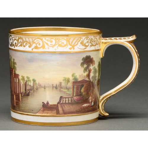 643 - A Derby porter mug, probably outside decorated, dated 1816, painted with a continuous Italianate lan... 