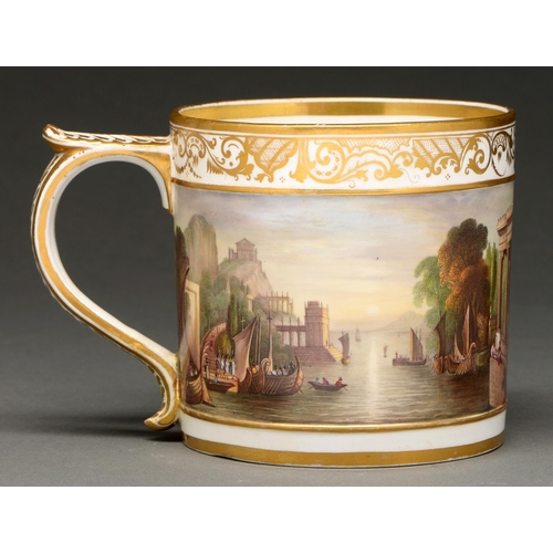 643 - A Derby porter mug, probably outside decorated, dated 1816, painted with a continuous Italianate lan... 