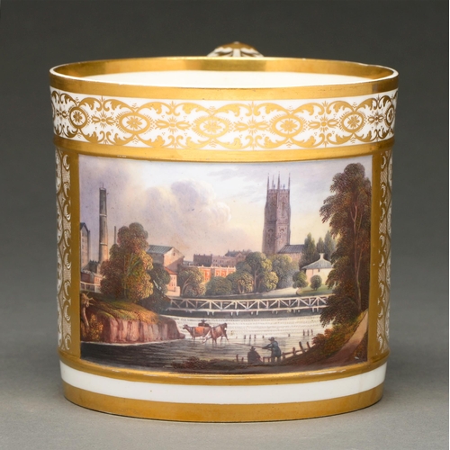 644 - A Bloor Derby porter mug, c 1820, painted to the front with a view of Derby the Weir on the River De... 