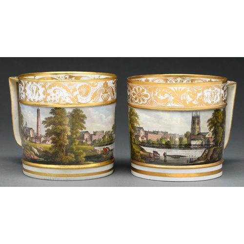 645 - A near pair of Derby porter mugs, c 1810, each painted with a continuous view of Derby, includi... 