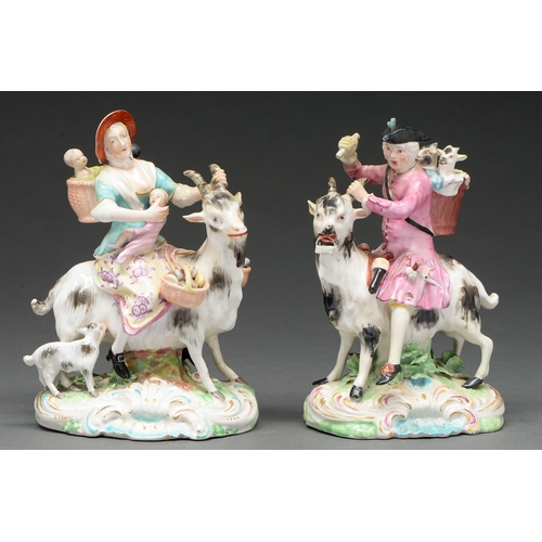 650 - A near pair of Derby figures of the Welch Tailor and his Wife, c 1770, enamel  led in a typical... 