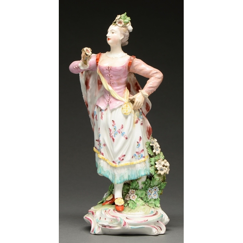 651 - A Derby figure of a female Ranelagh Dancer, c 1775, in puce bodice and flowered skirt, having flower... 