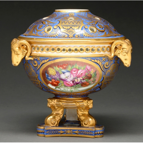 652 - A Derby pot pourri vase and cover, c 1795-1800, the hemispherical bowl applied with three rams' head... 