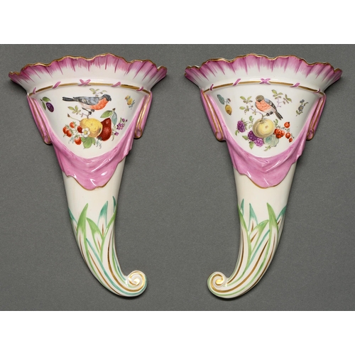 654 - A pair of Bloor Derby cornucopia wall pockets, c 1830, painted with finches and fruit in polych... 