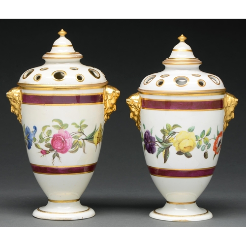 655 - A pair of Derby pot pourri vases, covers and stoppers, c 1790, with gilt satyr mask handles, painted... 