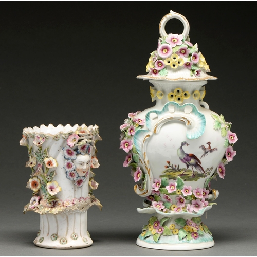 658 - A Derby frill type vase and cover, c 1760, painted to either side with birds and applied with flower... 