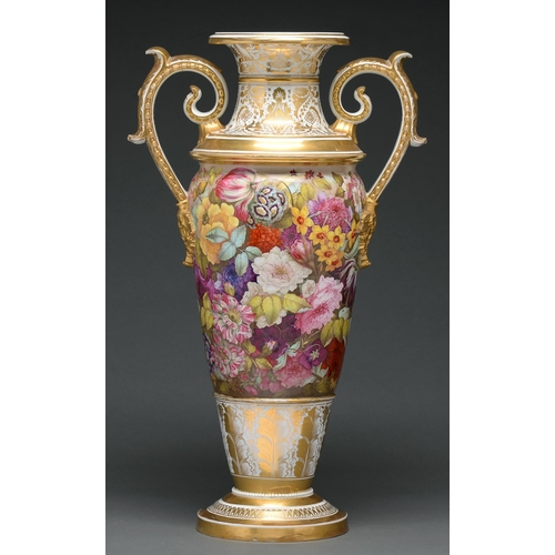 661 - A Derby 'Long Tom' vase, c 1825, painted in the manner of William 'Quaker' Pegg with continuous flow... 