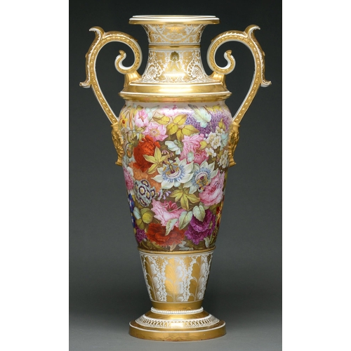 661 - A Derby 'Long Tom' vase, c 1825, painted in the manner of William 'Quaker' Pegg with continuous flow... 