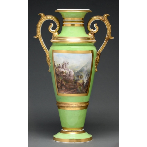 662 - A Bloor Derby 'Long Tom' vase, c 1825, painted to either side with a landscape or flowers in gilt fr... 