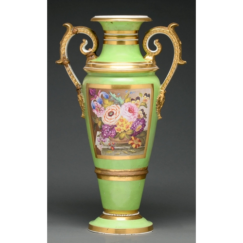 662 - A Bloor Derby 'Long Tom' vase, c 1825, painted to either side with a landscape or flowers in gilt fr... 