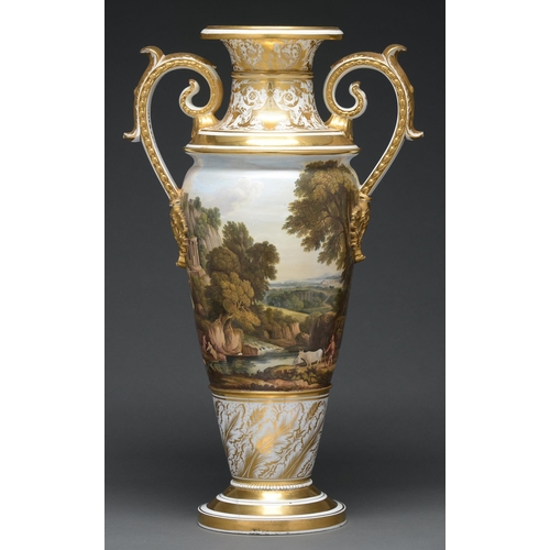 663 - A Bloor Derby 'Long Tom' vase, c 1825, finely painted with a continuous romantic landscape with figu... 