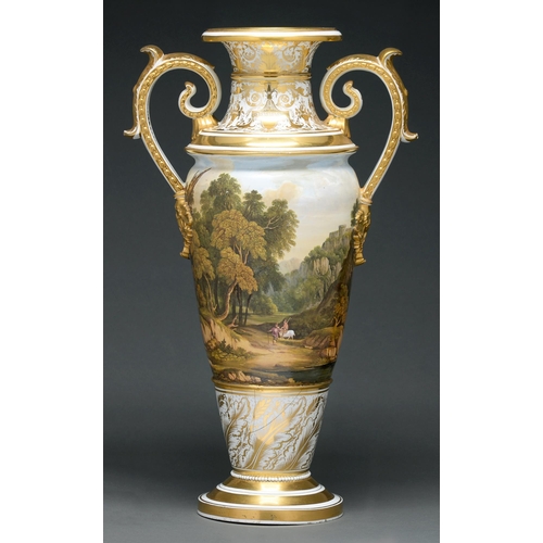 663 - A Bloor Derby 'Long Tom' vase, c 1825, finely painted with a continuous romantic landscape with figu... 