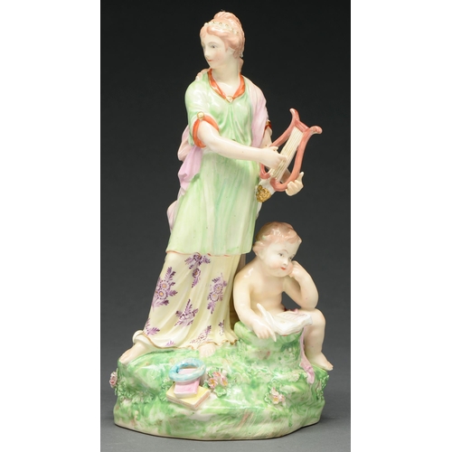 668 - A Derby figure of Calliope, early 19th c, standing before a broken pillar and attended by a child, o... 