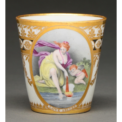 677 - A Chamberlain’s Worcester beaker, c 1800, painted with Cupid and Psyche, in a gilt oval reserv... 