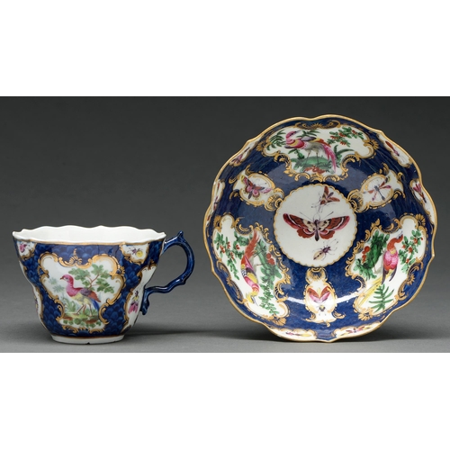 680 - A Worcester ogee teacup and saucer, c 1770, painted with 'Fancy birds' and insects in gilt reserves ... 