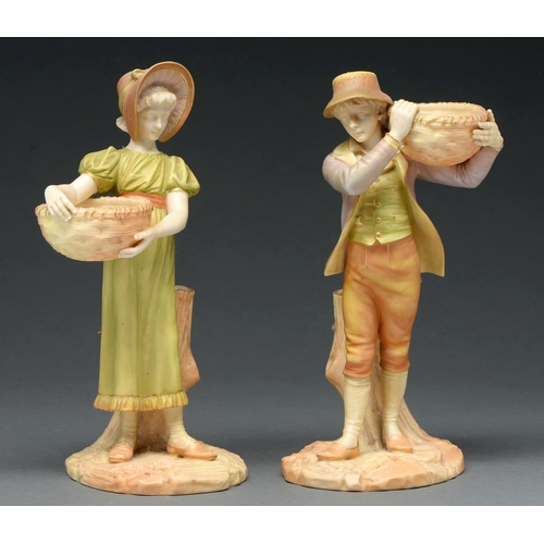 682 - A pair of Royal Worcester figures of a youth and girl with baskets, 1897, designed by James Hadley i... 