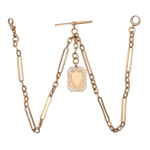 69 - A gold albert, early 20thc, with 'T' bar and 9ct gold fob pendant, 43cm l, marked 9c, 17.5g... 