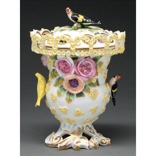 691 - A Spode floral encrusted pot pourri vase and cover, c 1830, with arcaded rim, the domed cover and ha... 