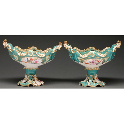 692 - A pair of John Ridgway turquoise ground comports, c 1825, of rococo form with pierced handles, paint... 