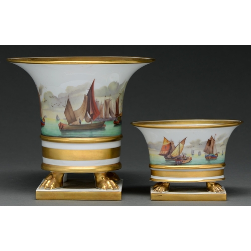 694 - Two Herend flared vases, 20th c, of Empire design, painted with continuous seascapes between bu... 