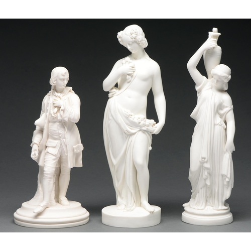 695 - A Victorian Parian ware statuette of Summer, late 19th c, 36.5cm h, another 19th c Parian figure of ... 