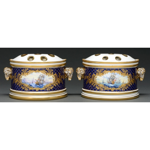 700 - A pair of Lynton bough pots, late 20th c, of semi-circular shape with gilt rams' head handles, paint... 