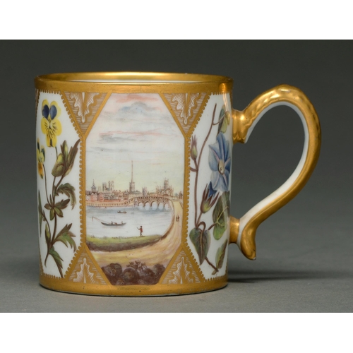 701 - A Coalport mug, outside, probably Worcester decorated, c 1805, painted with octagonal panels of land... 