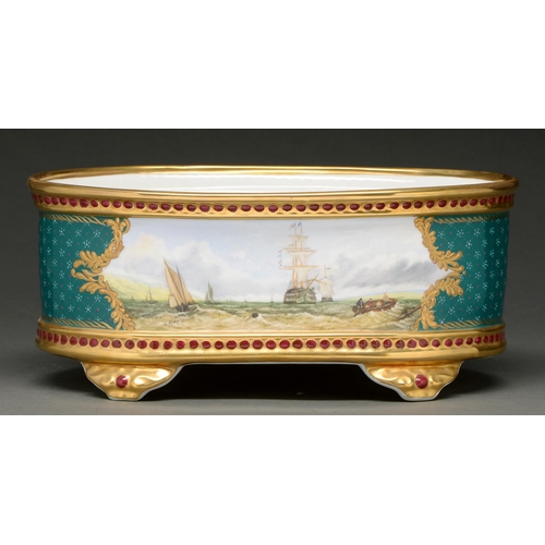 704 - An English porcelain jardiniere, late 20th c, painted to either side by R Gregory, both signed, with... 