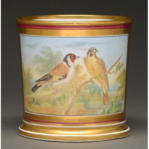 705 - A Staffordshire bone china porter mug, c 1830, painted to the front with two birds on a branch, in g... 