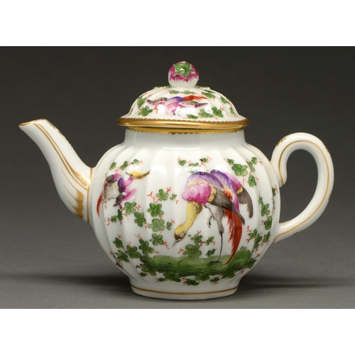 706 - A Samson fluted globular teapot and cover, late 19th century, in the style of Chelsea, painted with ... 