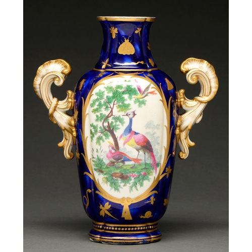 707 - A Chelsea vase, Gold Anchor period, c 1770, painted to either side with a panel of brightly plumaged... 