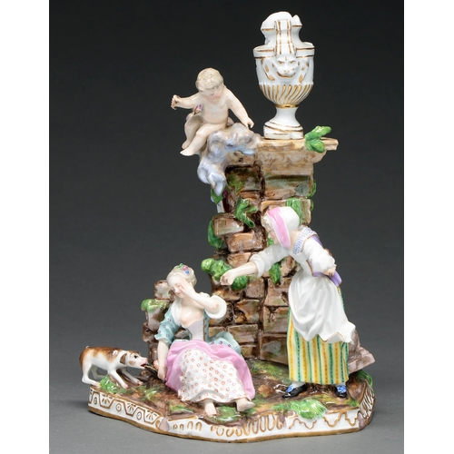 710 - A Meissen group, second half 19th c, with a young woman scolded by an elderly woman, with a dog befo... 